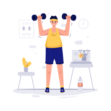 Man doing Workout and watching video at home Illustration