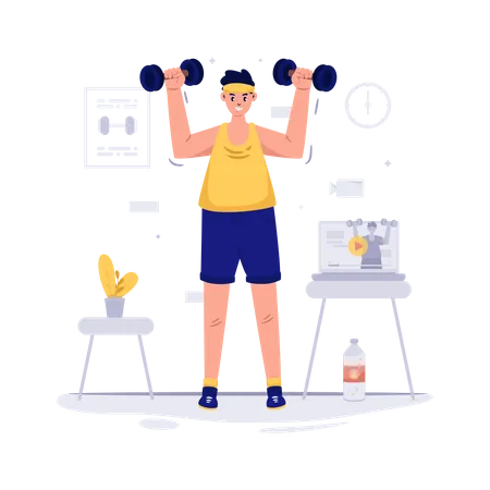 Man doing Workout and watching video at home  Illustration