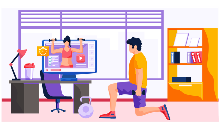 Man doing workout at office while watching tutorial online  Illustration