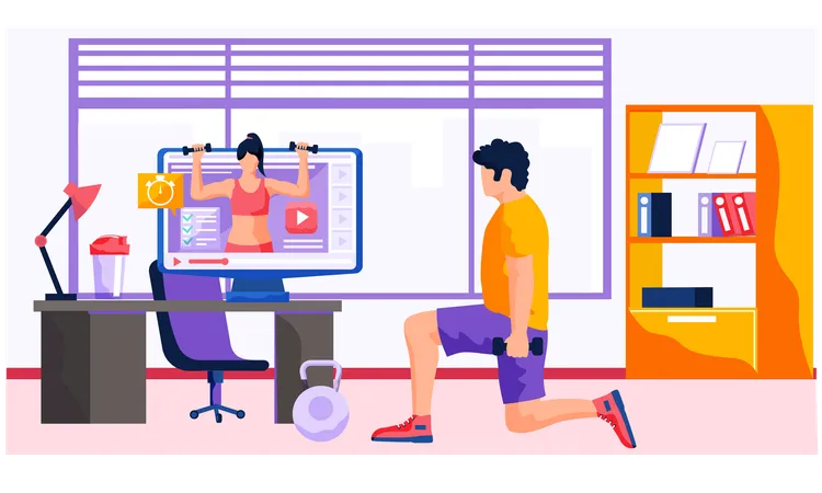 Man doing workout at office while watching tutorial online  Illustration