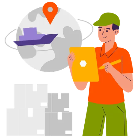 Man doing worldwide shipping  Illustration