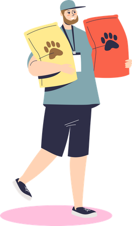 Man donating bags of pet food to animal shelter  イラスト