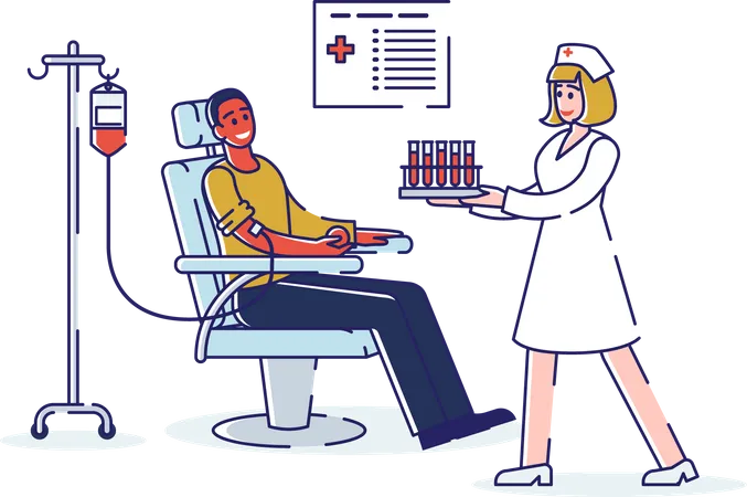 Concept Of Blood Donation World Blood Donor Day Volunteer Man Donating Blood In Medical Hospital Laboratory Nurse Woman Assists The Process Cartoon Linear Outline Flat Style Vector Illustration Illustration
