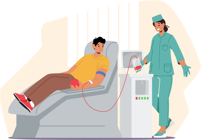 Man donating blood for diseased people.  Illustration