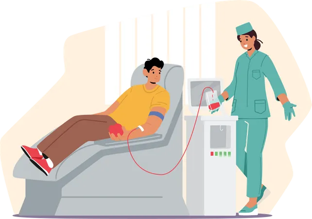 Blood Donation Male Character Donate Blood For Diseased People Female Nurse Taking Lifeblood Into Plastic Container Man Donor Sitting In Medical Chair In Clinic Cartoon People Vector Illustration Illustration