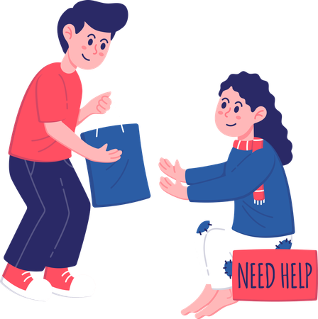 Man donating clothes to poor girl  Illustration