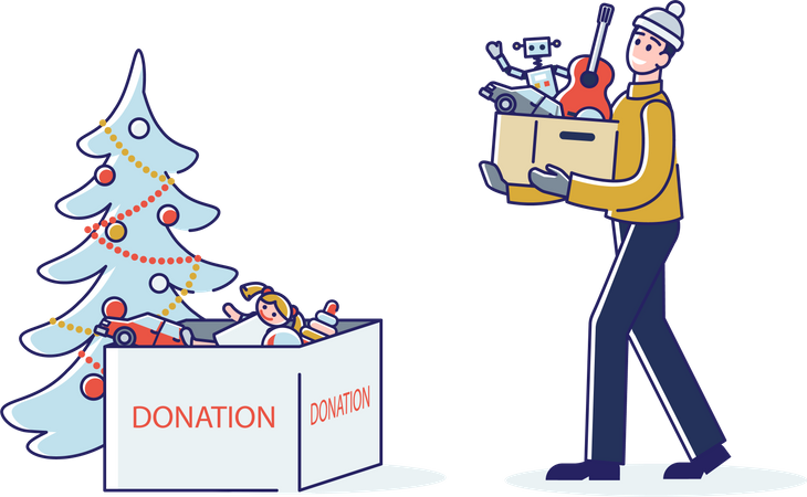 Man donating toys for Christmas charity  イラスト