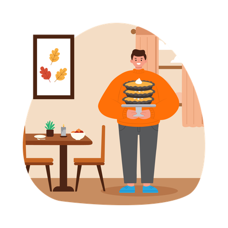Man donig Table Decor with Pumpkin Centerpiece  Illustration