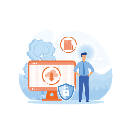 Man download cloud data with security  Illustration