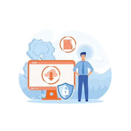 Man download cloud data with security  Illustration