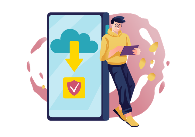 Man download data from cloud on mobile  Illustration