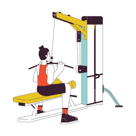 Man Dragging Bar Down On Lat Pulldown Machine Flat Line Color Vector Character Editable Outline Full Body Person On White Fitness Enthusiast Simple Cartoon Spot Illustration For Web Graphic Design Illustration