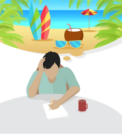 Dream Holiday Concept Man In Blue Shirt Sitting At The Table And Dreaming About Surfing And Vacation On The Beach Concept Of Big Summer Dreams Isolated Object In Flat Design On White Background Illustration