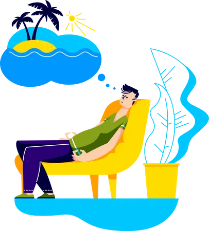 Man Dreaming Of Vacation On Tropical Resort During Staying Home For Quarantine Cartoon Guy Napping In Armchair At Home Has A Dream Of Rest On Ocean Island Flat Vector Illustration Illustration