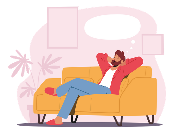 Man Dreaming While Lying On Couch Illustration