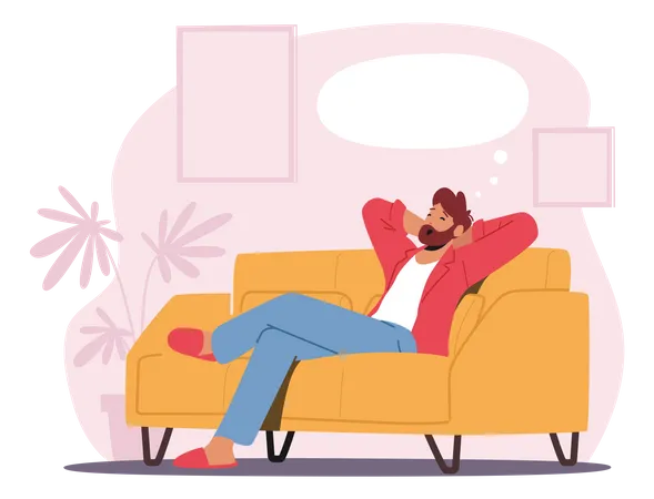 Relaxed Male Character In Home Clothes And Slippers Sitting In Comfortable Sofa Yawning Imagine Something Pleasant With Empty Bubble Above Head Dreaming Relax Sparetime Cartoon Vector Illustration Illustration