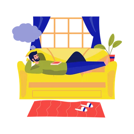 Man dreaming while lying on couch  イラスト