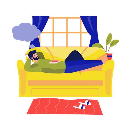 Man dreaming while lying on couch  Illustration