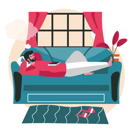 Man dreaming while lying on couch  Illustration