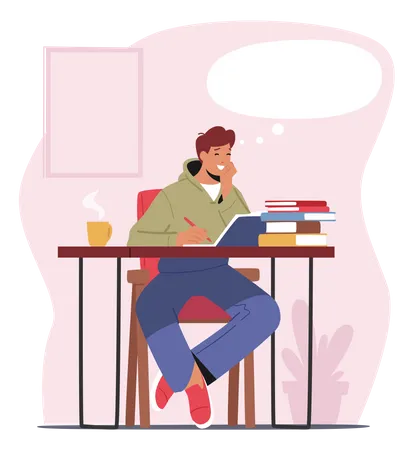Happy Male Character Dreaming Sit In Thoughtful Pose At Working Desk With Books Pile And Steaming Coffee Cup Man Imagine Something Pleasant With Empty Bubble Above Head Cartoon Vector Illustration Illustration