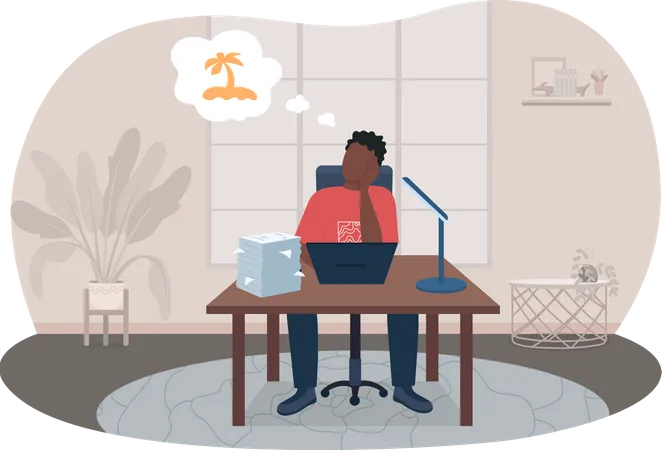 Burnout From Work 2 D Vector Isolated Illustration Man Sitting At Desk Thinking Of Vacation Depressed Flat Character On Cartoon Background Freelancer In Home Office Colourful Scene Illustration