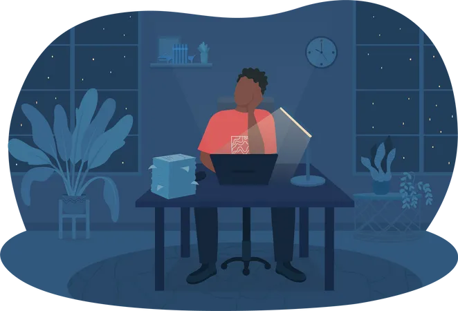 Working Late At Night 2 D Vector Isolated Illustration Man Sitting At Desk With Workload Stack Of Documents Depressed Flat Character On Cartoon Background Freelancer In Home Office Colourful Scene Illustration