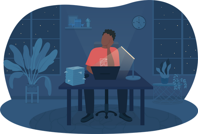 Man dreaming while working at night  Illustration