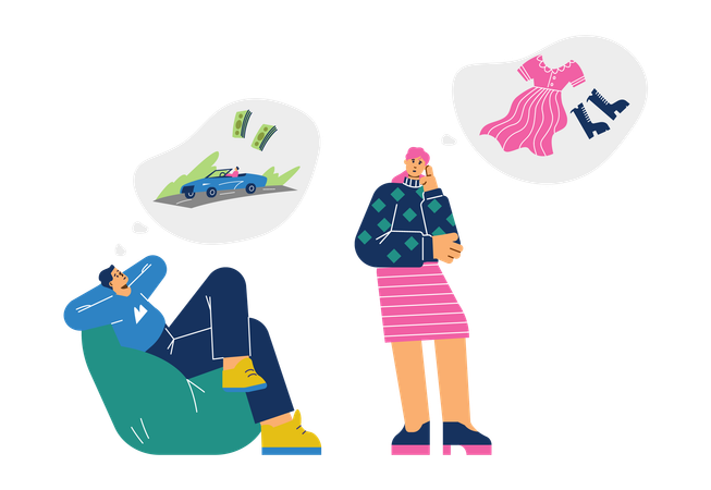 Man dreams of money and car and woman dreams of new fashionable beautiful clothes  Illustration