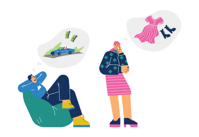 Man dreams of money and car and woman dreams of new fashionable beautiful clothes  Illustration