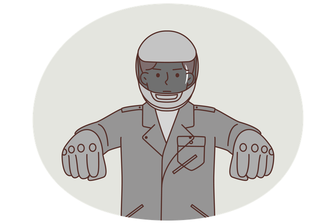 Man dressed as motorcyclist controls invisible motorcycle stretching arms forward  Illustration