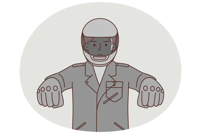 Man dressed as motorcyclist controls invisible motorcycle stretching arms forward  Illustration