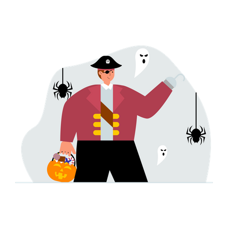 Man dressed as pirate for trick or treat Illustration