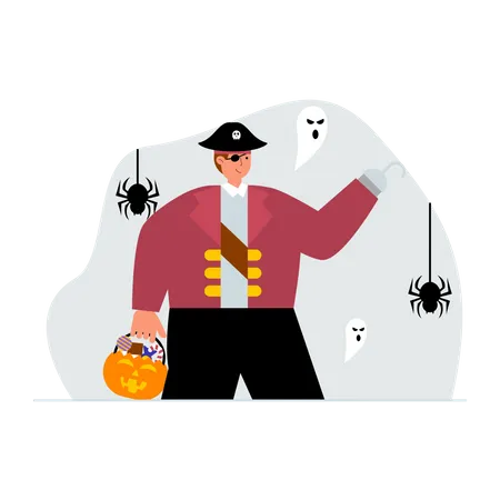 Man dressed as pirate for trick or treat Illustration