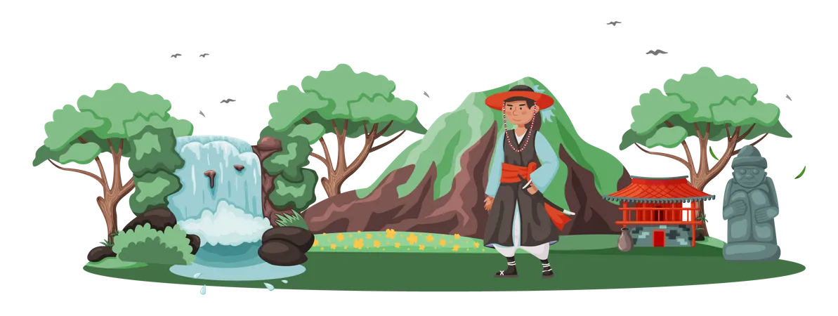 Man dressed in national clothes with sword weapon samurai  Illustration