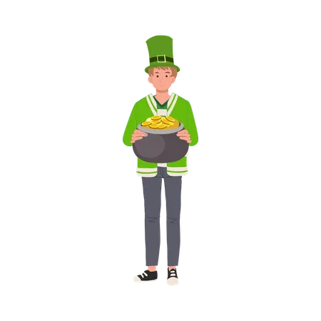 St Patricks Day Celebration Man Dressed Up Green With Pot Of Gold イラスト
