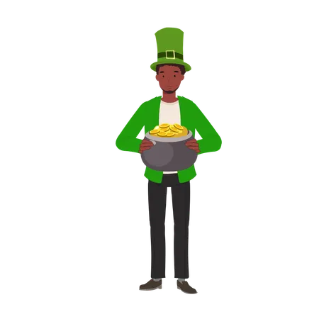 St Patricks Day Celebration Man Dressed Up Green With Pot Of Gold Illustration