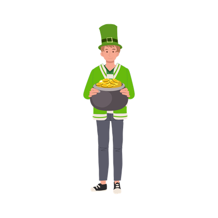 Man Dressed Up Green with Pot of Gold  Illustration