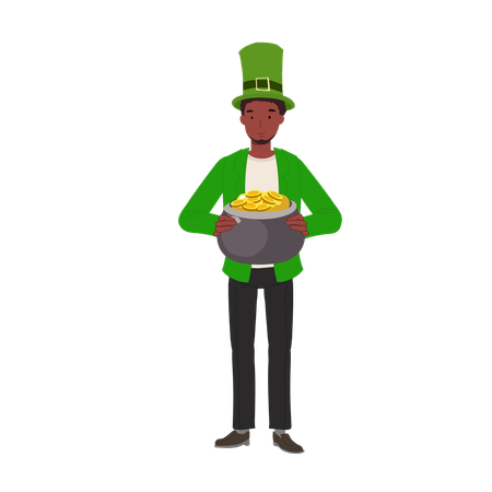 Man Dressed Up Green with Pot of Gold  Illustration