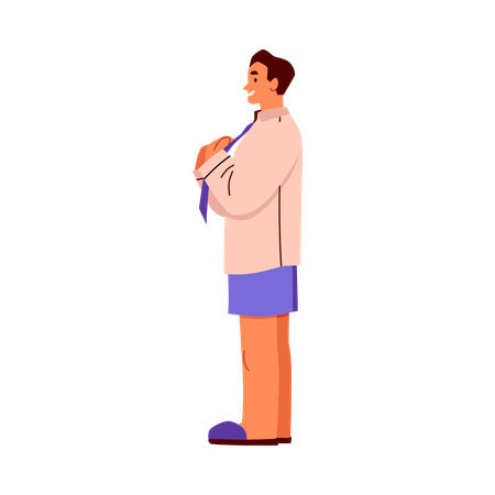 Man dressing up and ties a tie at home  Illustration