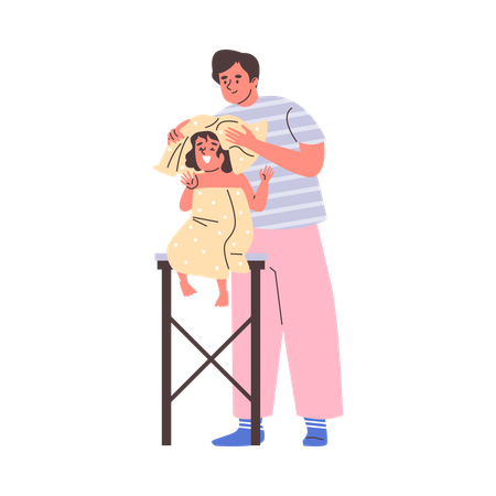 Man dries happy smiling child with towel on stool  Illustration