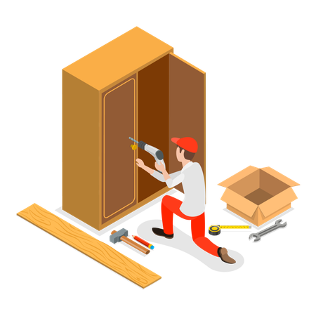 Man drilling on cupboard with toolkit  Illustration