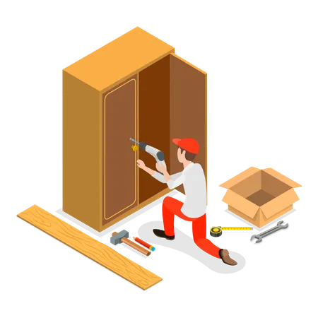Man drilling on cupboard with toolkit  Illustration