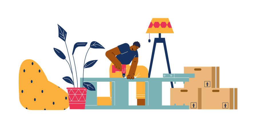 Man drilling table using drill machine  Illustration