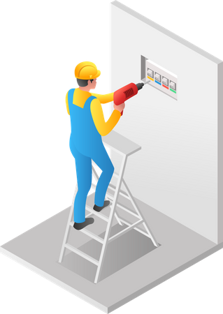 Man drilling wall to stop the power outlet Illustration