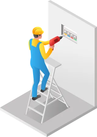 Man drilling wall to stop the power outlet  Illustration