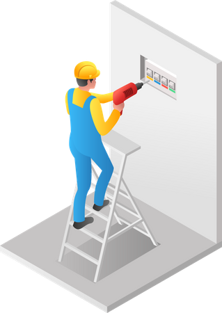 Man drilling wall to stop the power outlet  Illustration