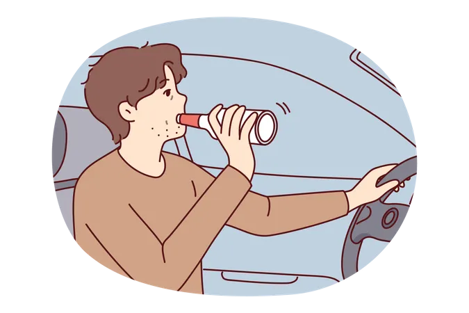 Man drinking alcohol and driving car  일러스트레이션