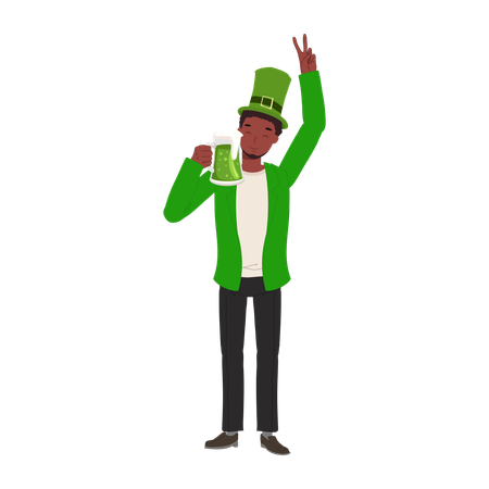 Man drinking beer glass and showing victory sign  Illustration