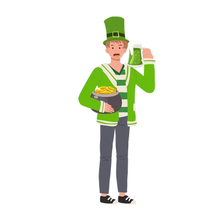 St Patricks Day Celebration With Green Beer Smiling Man Celebrating With Green Beer Illustration
