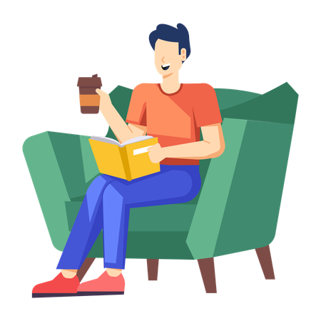 Man Drinking Coffee and Reading Book  Illustration